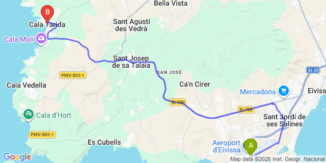 Map: Ibiza Airport (IBZ) to Cala Tarida