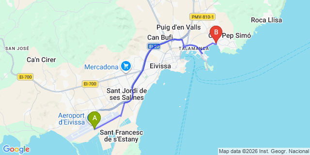 Map: Ibiza Airport (IBZ) to Cap Martinet