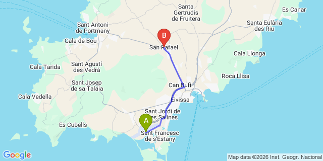 Map: Ibiza Airport (IBZ) to Sant Rafael de sa Creu