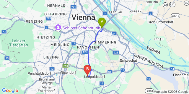 Map: Vienna International Busterminal (VIB) to Achau