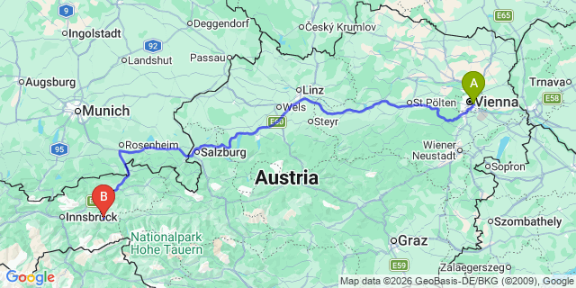 Map: Vienna International Busterminal (VIB) to Aschau im Zillertal