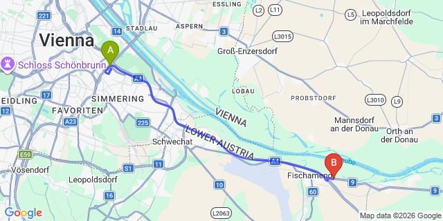 Map: Vienna International Busterminal (VIB) to Auersthal
