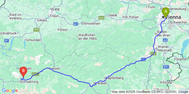 Map: Vienna International Busterminal (VIB) to Bad Kleinkirchheim