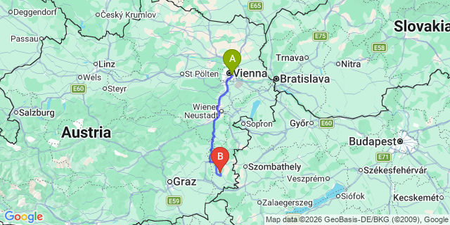 Map: Vienna International Busterminal (VIB) to Baden