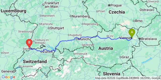 Map: Vienna International Busterminal (VIB) to Bern