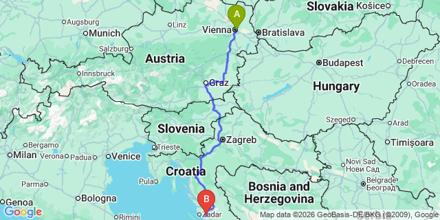 Map: Vienna International Busterminal (VIB) to Biograd na Moru