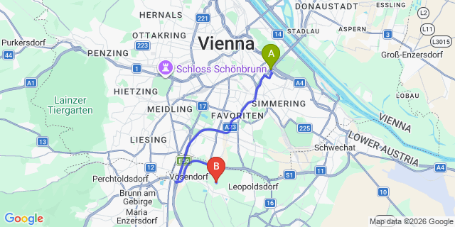 Map: Vienna International Busterminal (VIB) to Bisamberg