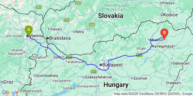 Map: Vienna International Busterminal (VIB) to Bodrogkeresztúr