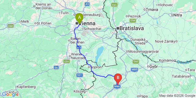 Map: Vienna International Busterminal (VIB) to Bratislava city (all areas)