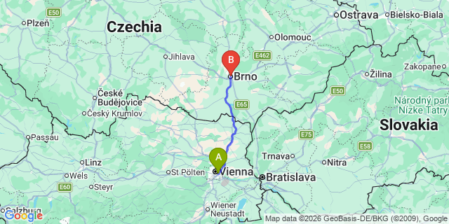 Map: Vienna International Busterminal (VIB) to Brno city (all areas)