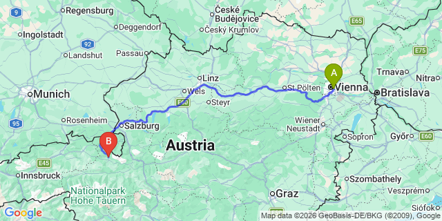 Map: Vienna International Busterminal (VIB) to Bruck an der Grossglocknerstrass