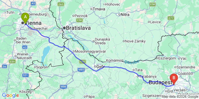 Map: Vienna International Busterminal (VIB) to Budapest city (all areas)