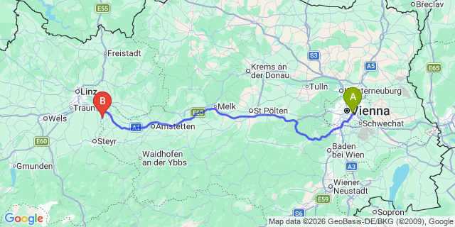 Map: Vienna International Busterminal (VIB) to Ceske Budejovice