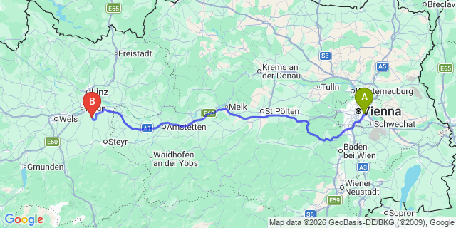 Map: Vienna International Busterminal (VIB) to Cesky Krumlov