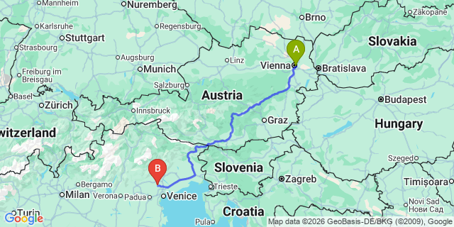 Map: Vienna International Busterminal (VIB) to Cortina d’Ampezzo