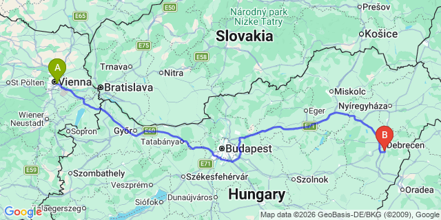 Map: Vienna International Busterminal (VIB) to Debrecen
