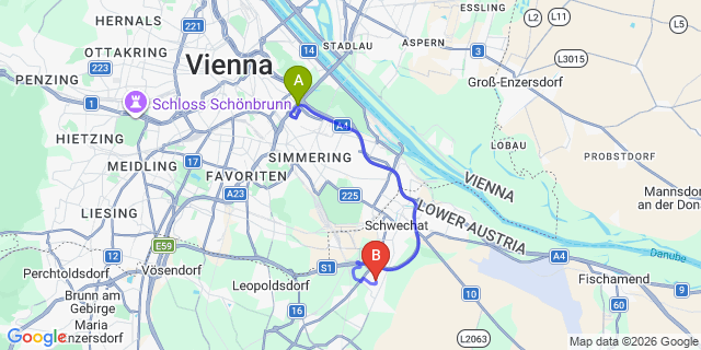 Map: Vienna International Busterminal (VIB) to Donaustadt