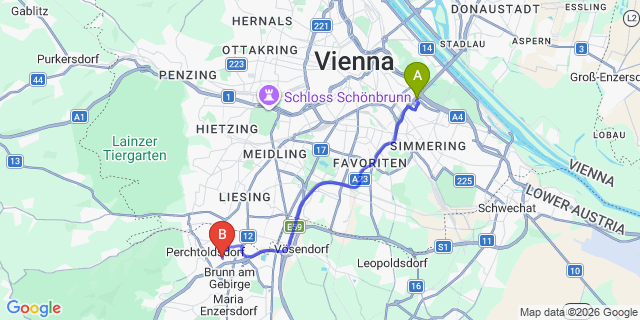 Map: Vienna International Busterminal (VIB) to Dornbach