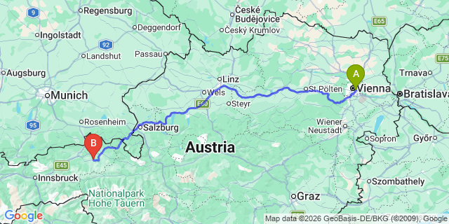 Map: Vienna International Busterminal (VIB) to Ellmau