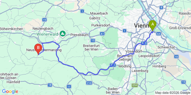 Map: Vienna International Busterminal (VIB) to Feldbach