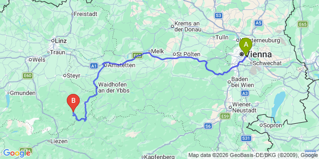 Map: Vienna International Busterminal (VIB) to Freistadt