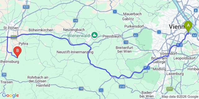 Map: Vienna International Busterminal (VIB) to Gars am Kamp