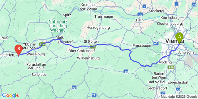Map: Vienna International Busterminal (VIB) to Gmünd