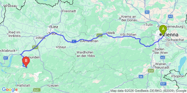 Map: Vienna International Busterminal (VIB) to Grundlsee