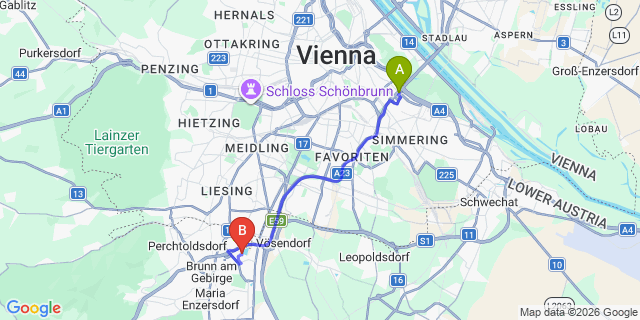 Map: Vienna International Busterminal (VIB) to Gruntamsdorf