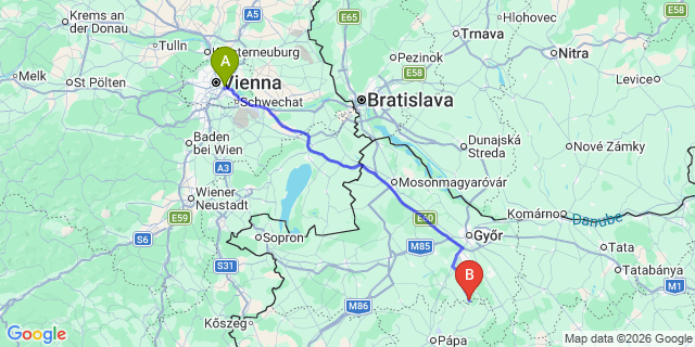 Map: Vienna International Busterminal (VIB) to Győr