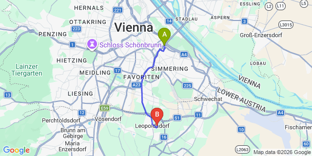 Map: Vienna International Busterminal (VIB) to Hagenbrunn