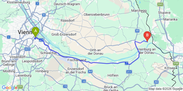 Map: Vienna International Busterminal (VIB) to Hainburg a.d.Donau