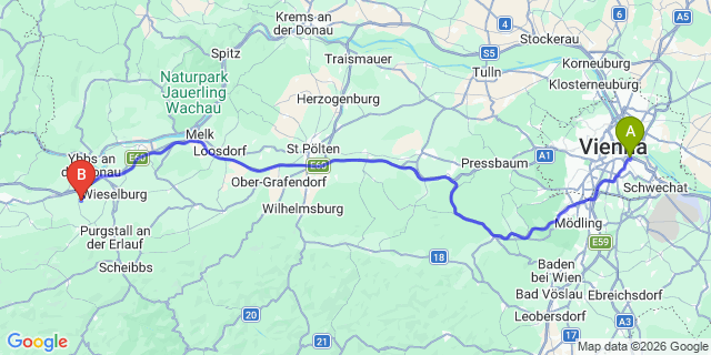 Map: Vienna International Busterminal (VIB) to Haugschlag