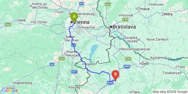 Map: Vienna International Busterminal (VIB) to Hévíz