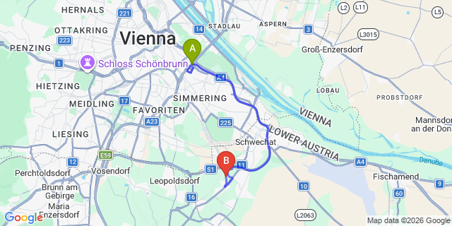 Map: Vienna International Busterminal (VIB) to Himberg bei Wien