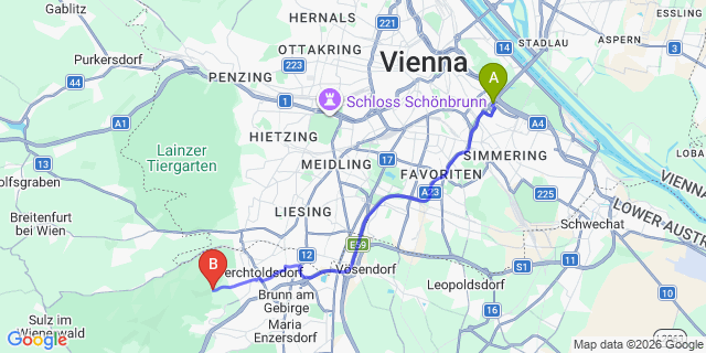 Map: Vienna International Busterminal (VIB) to Hinterbrühl