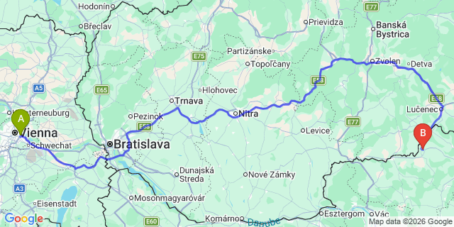 Map: Vienna International Busterminal (VIB) to Hrinova