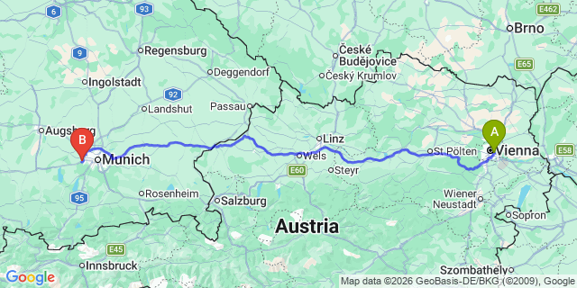 Map: Vienna International Busterminal (VIB) to Innsbruck city (all areas)