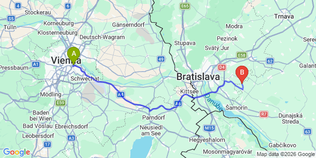 Map: Vienna International Busterminal (VIB) to Károlyháza