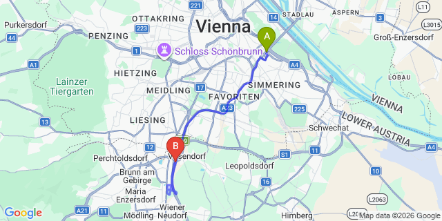 Map: Vienna International Busterminal (VIB) to Klosterneuburg