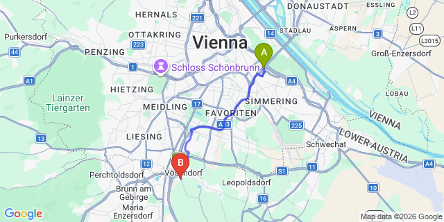 Map: Vienna International Busterminal (VIB) to Korneuburg