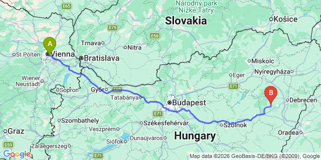 Map: Vienna International Busterminal (VIB) to Kosice