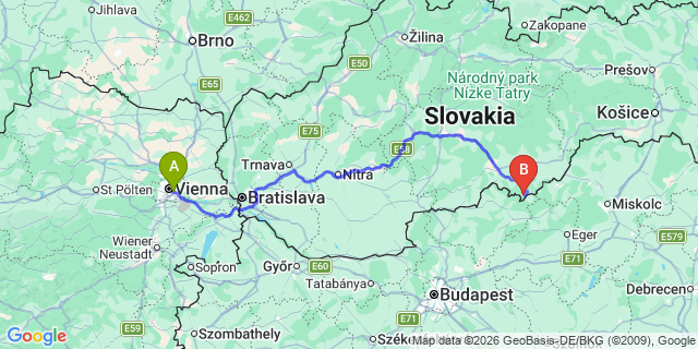 Map: Vienna International Busterminal (VIB) to Krakow