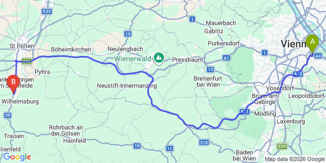 Map: Vienna International Busterminal (VIB) to Krems an der Donau