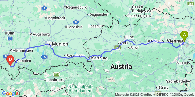 Map: Vienna International Busterminal (VIB) to Lech am Arlberg
