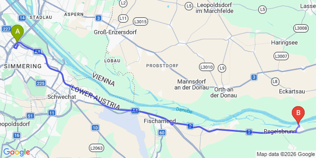 Map: Vienna International Busterminal (VIB) to Lednice