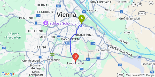 Map: Vienna International Busterminal (VIB) to Leopoldsdorf bei Wien