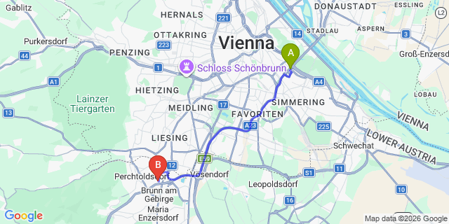 Map: Vienna International Busterminal (VIB) to Maria Enzersdorf