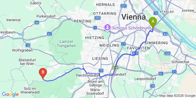 Map: Vienna International Busterminal (VIB) to Mauerbach