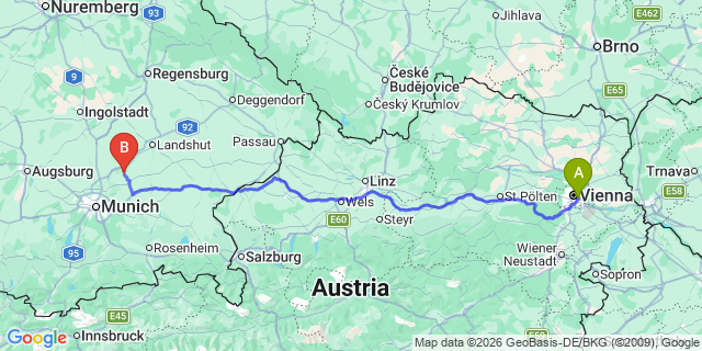 Map: Vienna International Busterminal (VIB) to Mayrhofen